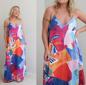 Nicole Miller Sundress Maxi Vibrant Abstract Print Size S Pockets slipdress sexy